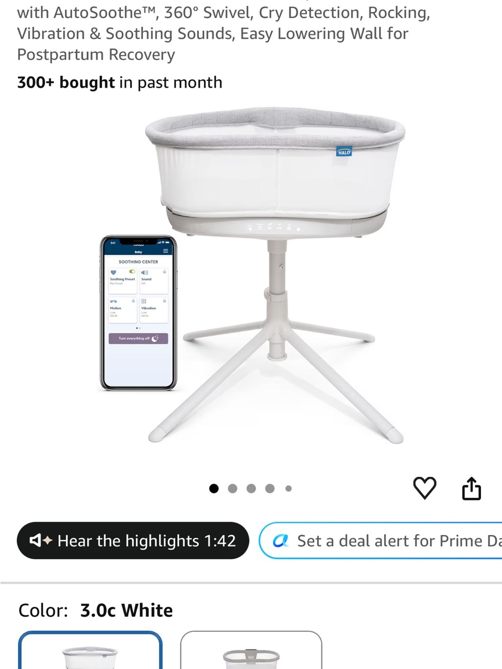Halo White and Light Gray Bedside Crib with Swivel Base